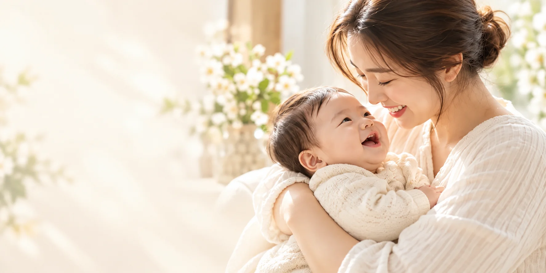 아기를 안고 미소 짓는 엄마